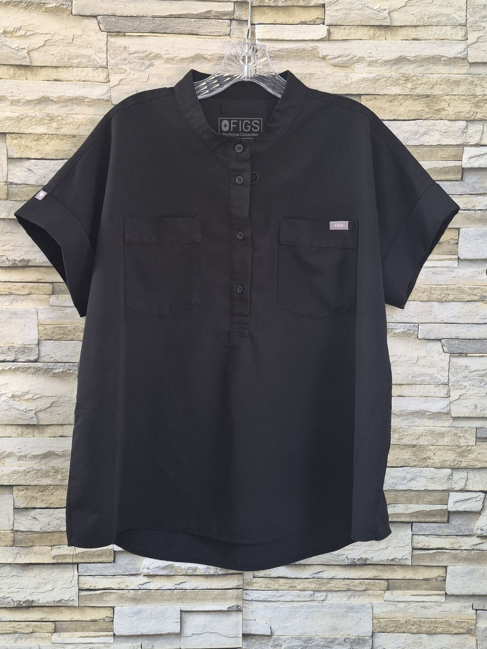 FIGS Scrub Top Women's Size XL Black Mandarin Collar Pockets Medical Uniform